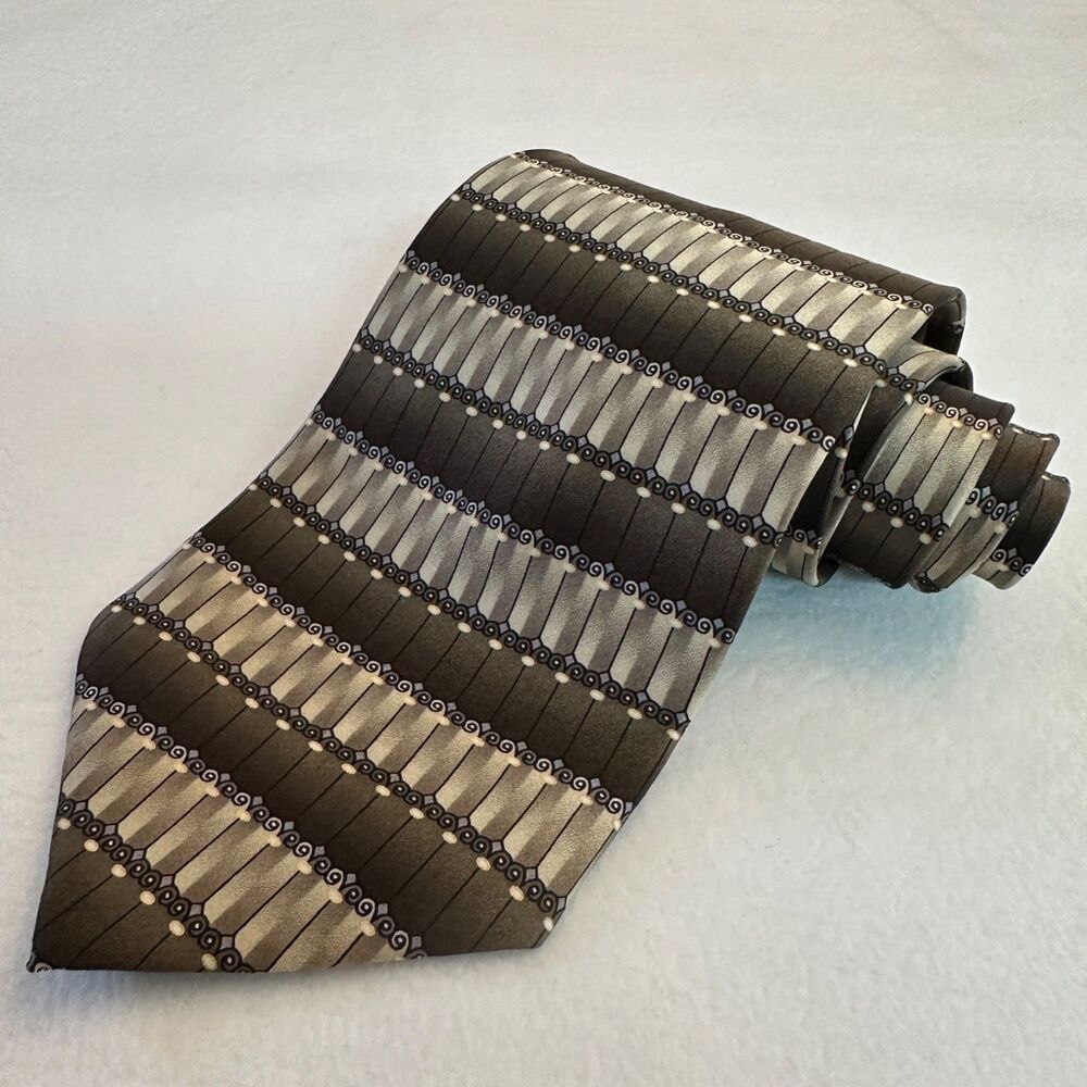 Valerio Garati Men's Silk Tie Brown Gold Architectural Striped Pattern 59"